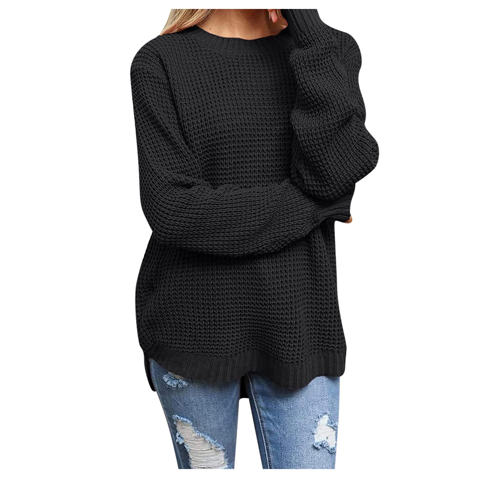 Entyinea Knit Sweater for Women Casual Long Sleeve Sweaters Crew Neck Solid  Ribbed Knitted Oversized Pullover Black M 