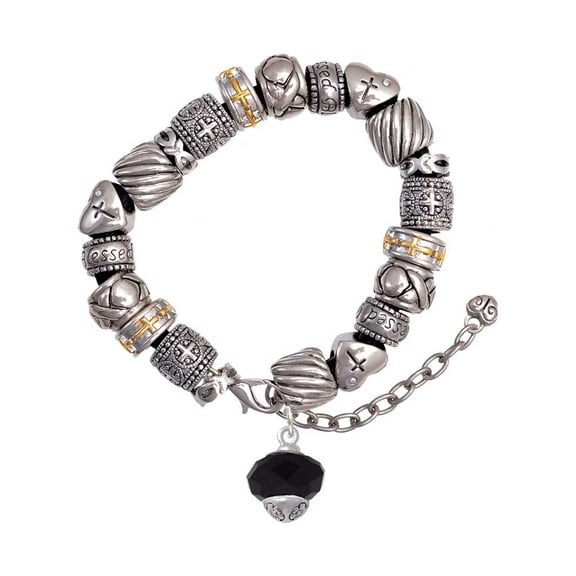 Silvertone Black Faceted Glass Spinner Silver Tone Christian Bead Bracelet