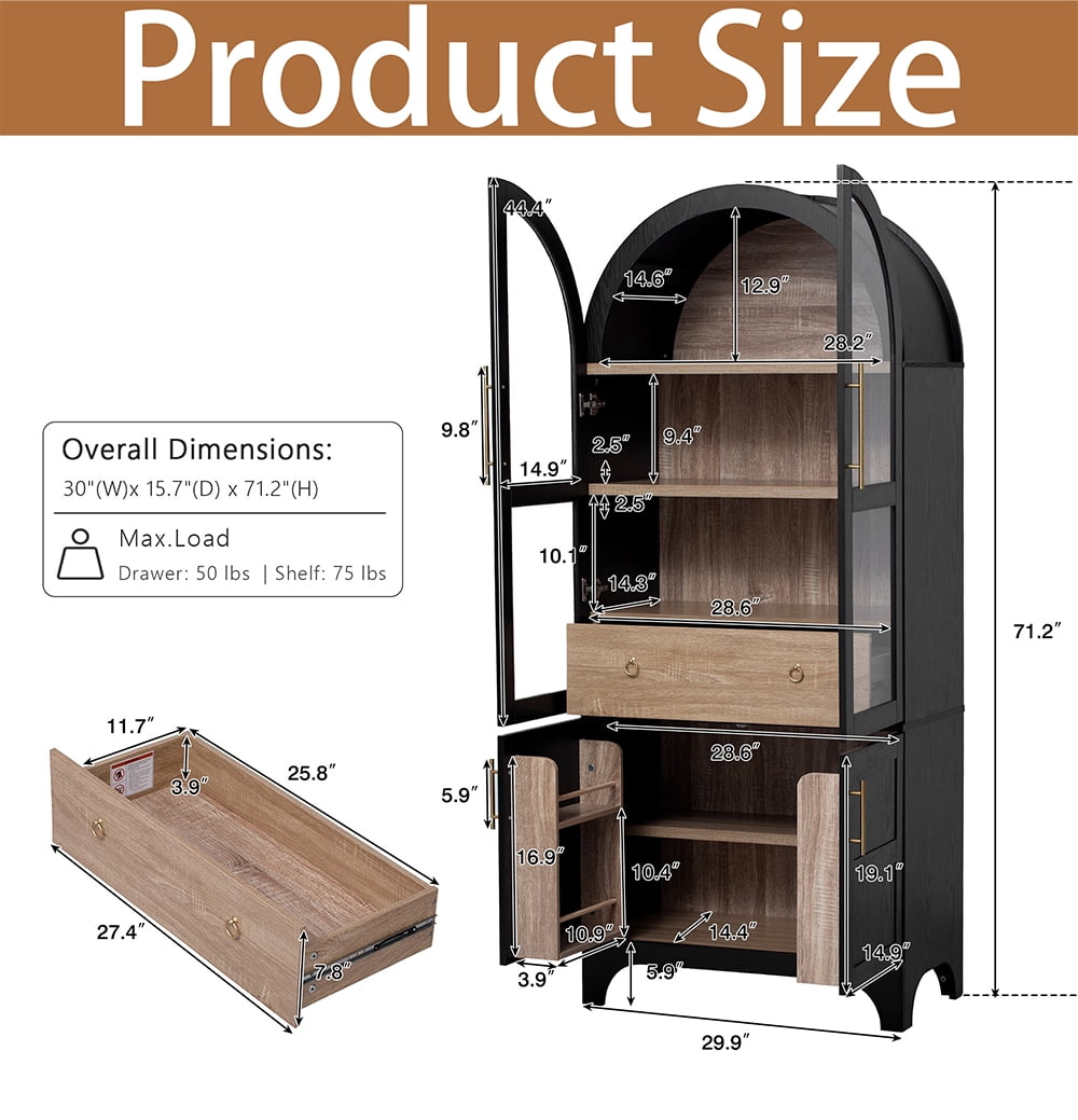 MIDOQIN 71" Tall Arched Kitchen Pantry Cabinet, Farmhouse Storage Cabinets with Adjustable Shelves, Hidden Drawer & Glass Door, Versatile Cupboard