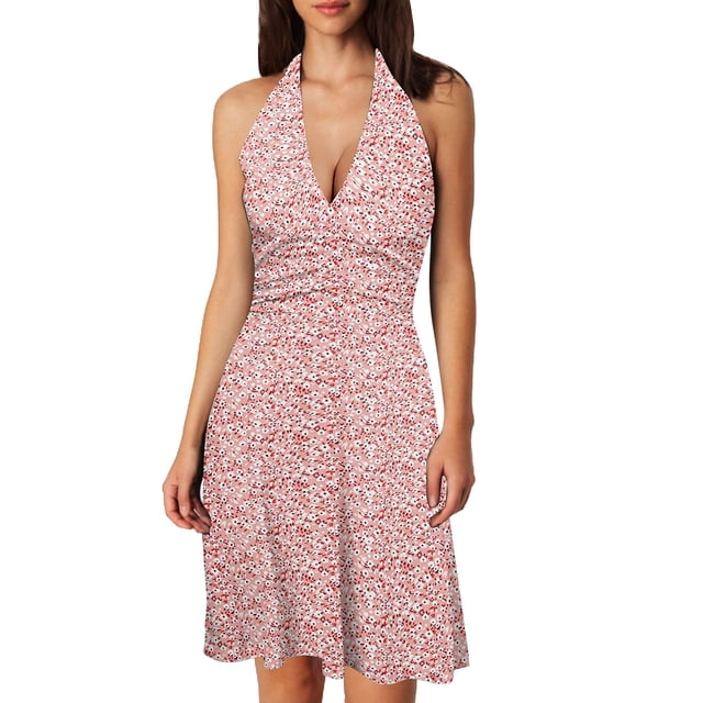 Women Summer Sleeveless Neck Petite Summer Dresses Spring Boho Floral with Long Dresses for Women Pocket Elastic Waist Ruffle Dresses for Women Mini Dresses
