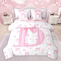 jejeloiu Bowtie Monogrammed D 7-Piece Bedding Comforter Set,Pink Bow Tie King Bedding Sets,Pink Ribbon Bowknot Bed Sheets For Girl Teens,Ultra Soft Bedroom Decor Reversible