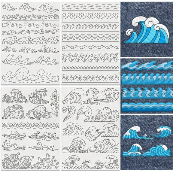 4 Sheets 11.6x8.2 Inch Stick and Stitch Embroidery Patterns Non-woven Fabrics Water Soluble Embroidery Stabilizers Sea Wave 297x210mmm