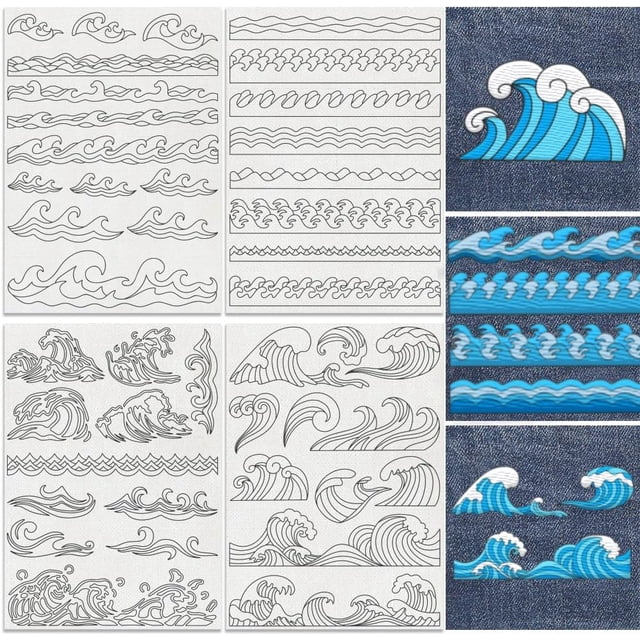 43Pcs Sea Wave Water Soluble Hand Sewing Stabilizers 8.3"x11.7" Ocean Wave Embroidery Pattern Stabilizer 4 Sheets Summer Stick and Stitch Embroidery Paper Sticker