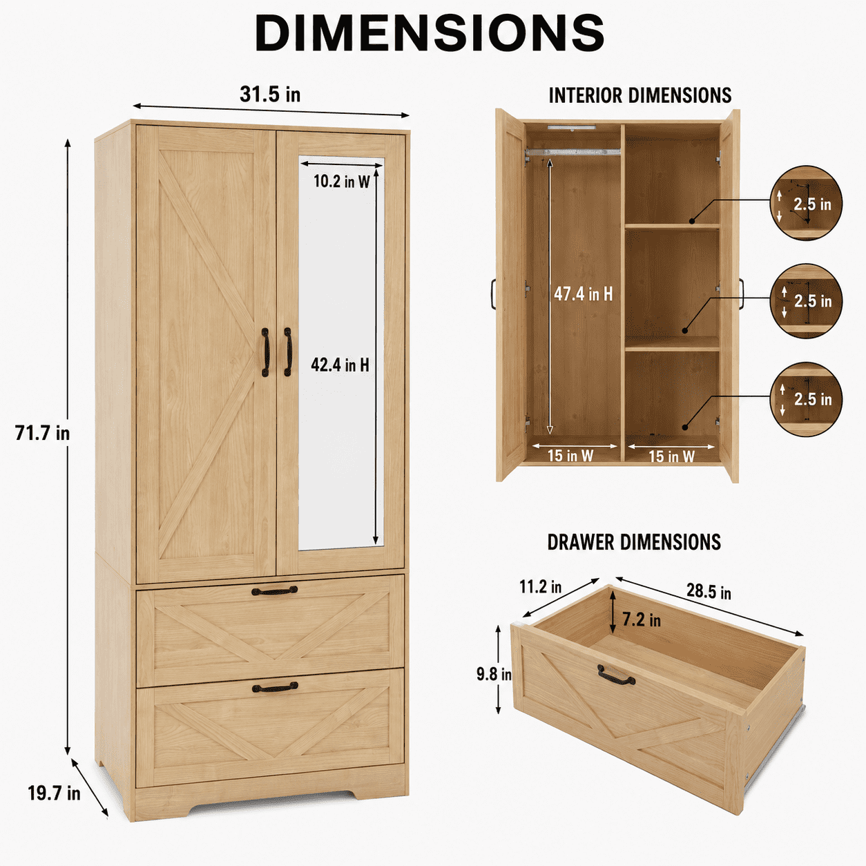 Aukfa 2-Door Wardrobe Armoire with Mirror & Built-In Induction Light, Bedroom Wood Closet with Hanging Rod & 2 Drawers,Natural