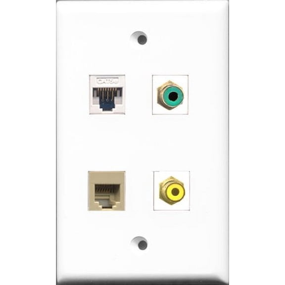 RiteAV 1 Port RCA Yellow and 1 Port RCA Green and 1 Port Phone RJ11 RJ12 Beige and 1 Port Cat5e Ethernet White Wall Plate