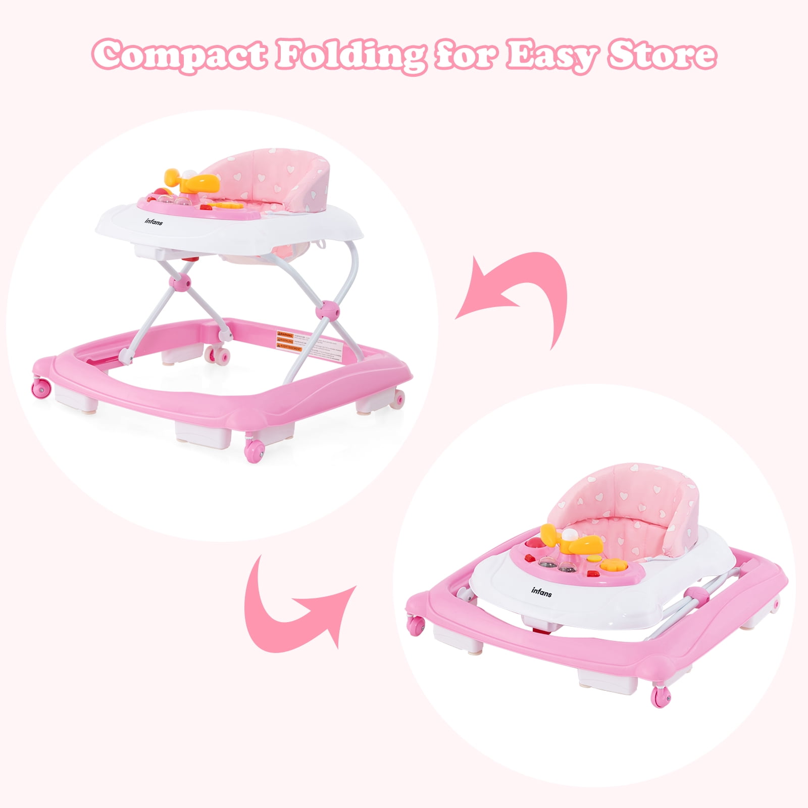 INFANS Foldable Baby Walker, 3 in 1 Toddler Walker Leaning-Seated Walk-Behind with Removable Music Tray, Adjustable Height, Washable Seat Cushion for Boys and Girls