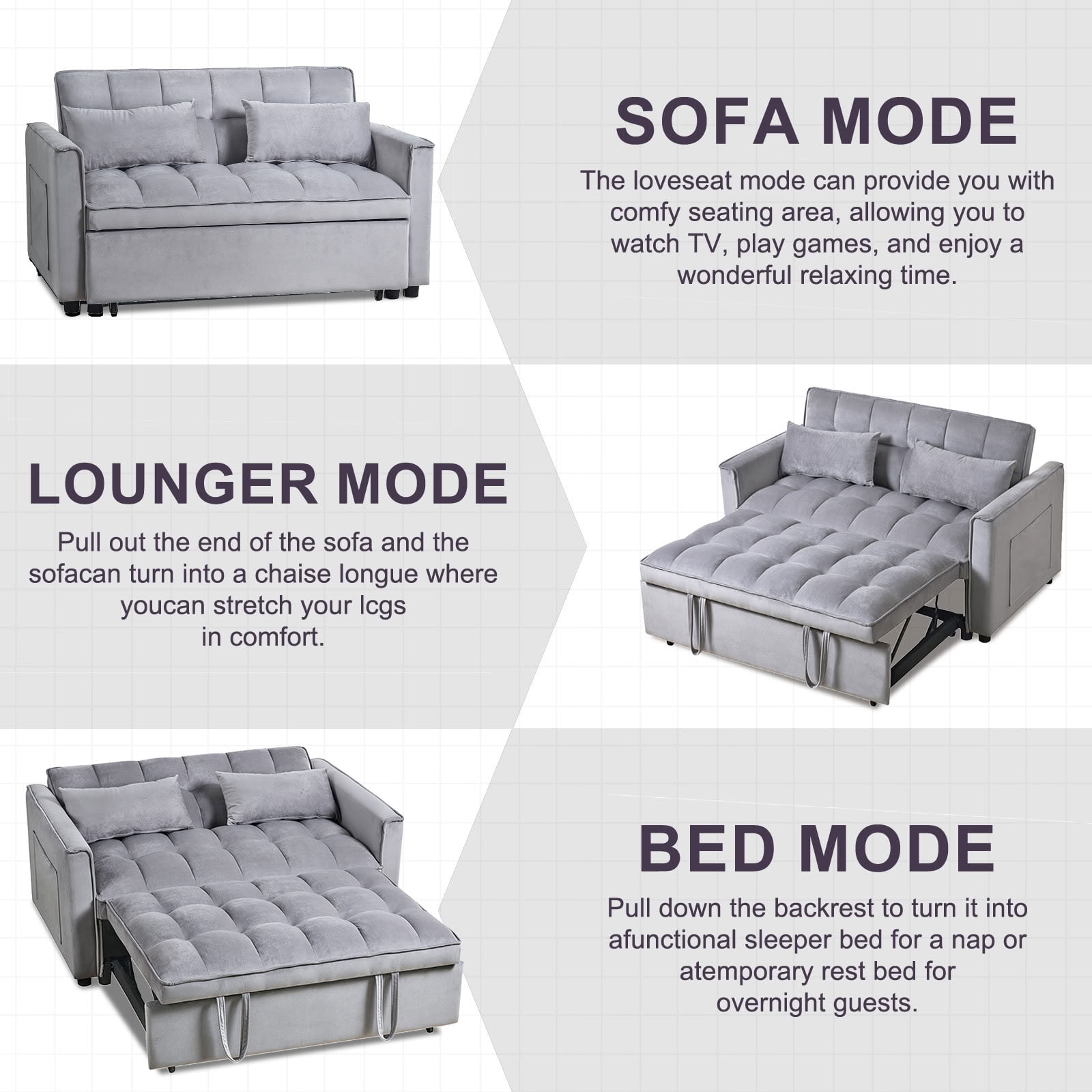 MAYEERTY 3-in-1 Velvet Convertible Sleeper Sofa Bed with Adjustable Backrest Pull-Out Couch for Living Room Apartment Small Space