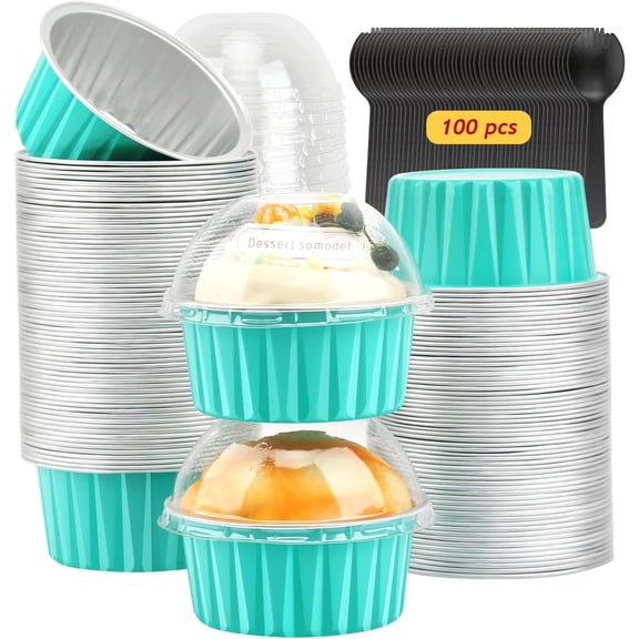 Cupcake Pans With Dome Lids 100 Pack, 5oz Mini Aluminum Baking Cups Muffin Tin,Disposable Ramekins Cake Containers Holders -Cyan Blue (Round125)