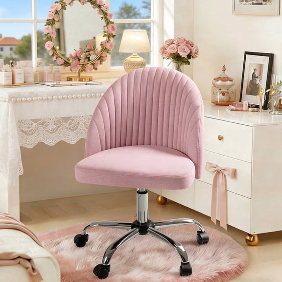 Homall Vanity Chair, Armless Mid Back Task Chair with Wheels, Adjustable Swivel Fabric Makeup Computer Chair for Bedroom, Living Room, Home Office, Pink