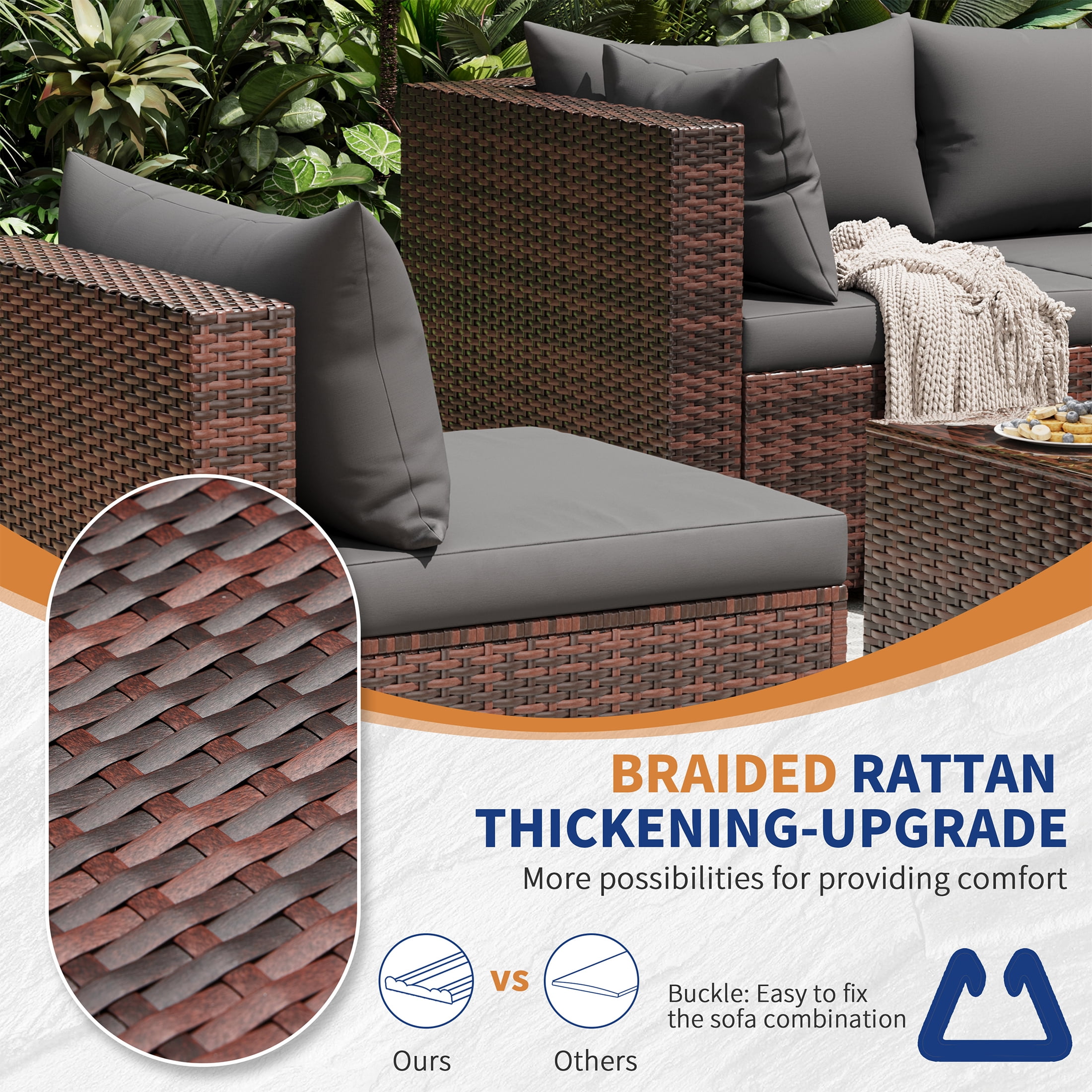 UDPATIO Patio Furniture Sets, Modular Rattan Outdoor Patio Sectional Furniture with 44" Fire Pit Table,, Wicker Patio Conversation Set for Backyard, Deck, Poolside w/Glass Coffee Table, 5PC Grey