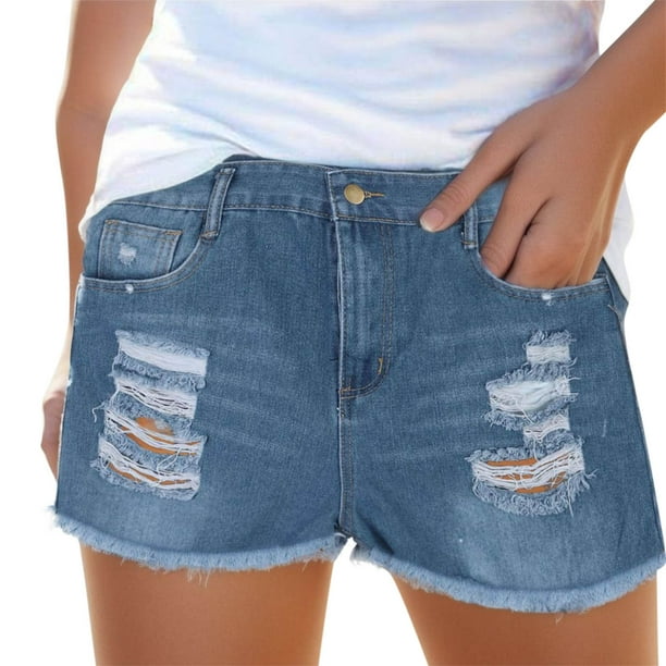 Pantalones cortos desgastados de cintura alta para mujer: corte ajustado, detalle de agujeros, denim de algodón, vaqueros sexys de verano, conversión de tallas EE. UU./Reino Unido/UE