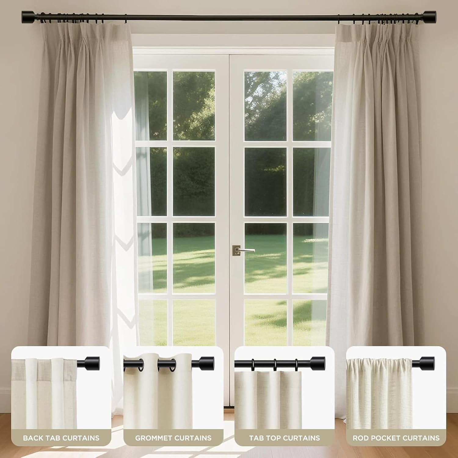 Black Curtain Rods for Windows 32-120 Inch, 1 Inch Diameter Heavy Duty Adjustable Curtain Rods for Bedroom, Kitchen, Sliding Glass Door