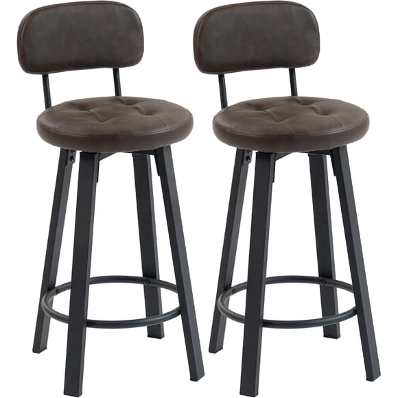 Bar Stools Set of 2, Modern Swivel PU Leather Counter Height Barstools, Upholstered Breakfast Bar Chairs with Footrest and Backrest for Kitchen Counter, Dining Room, Brown