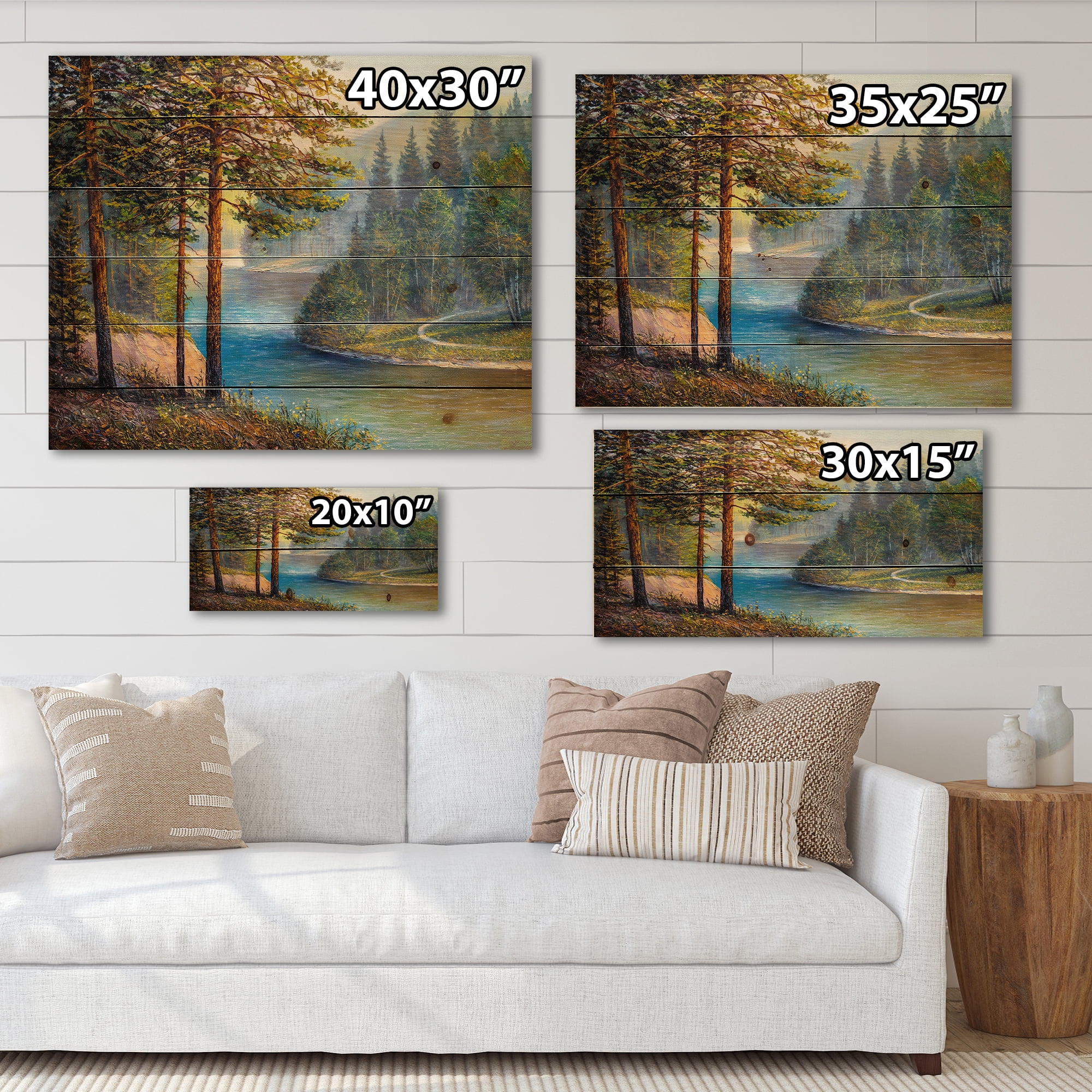 Designart 'Sunrise Glow Through The Pine & Fir Forest' Lake House Print on Natural Pine Wood