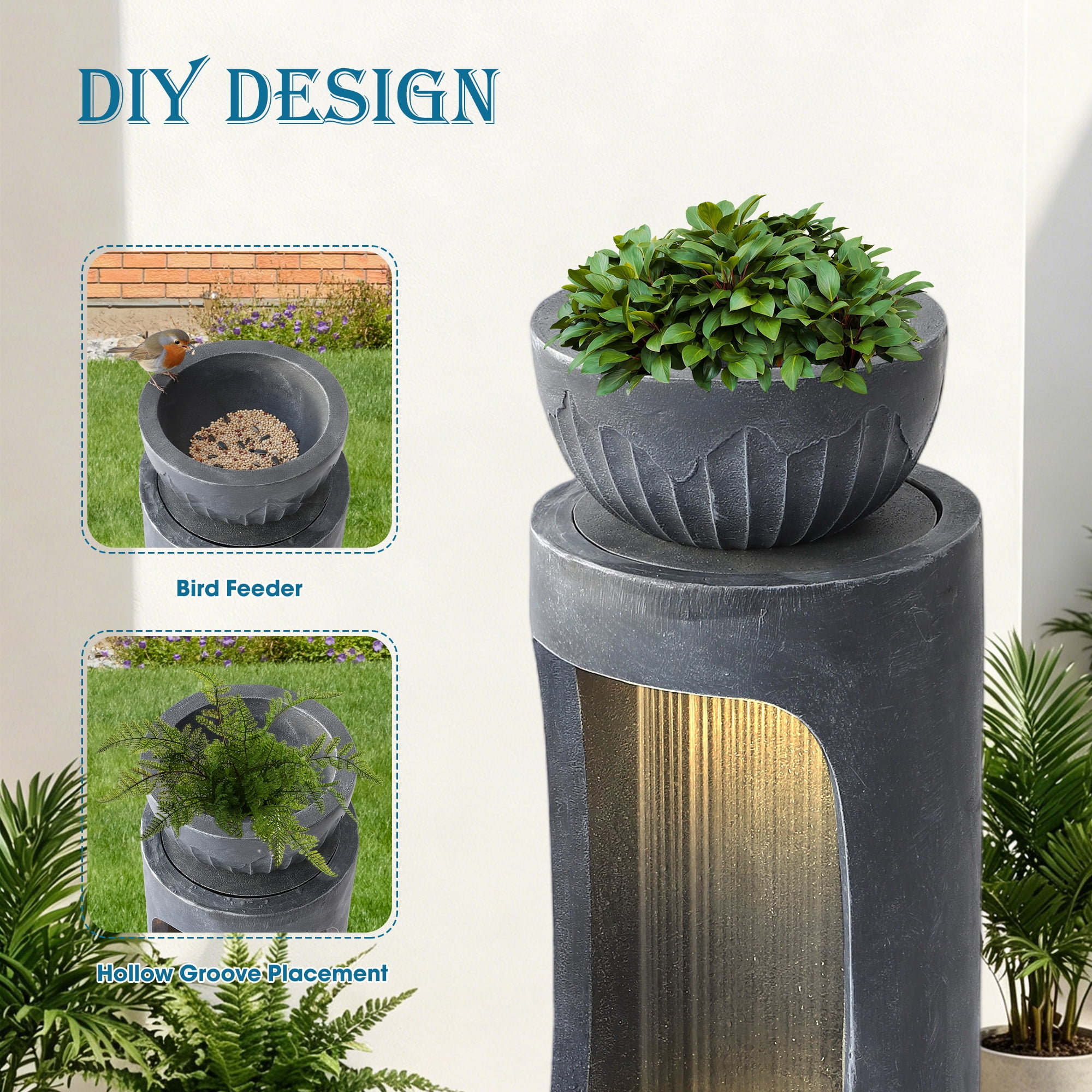 Haverchair 37.2''H Outdoor Water Fountain with LED Light, Large Column Garden Waterfall Foutains with Bird Feeder, Indoor Cascading Resin Water Feature w/Plant Pot for Patio, Porch and Home Decor