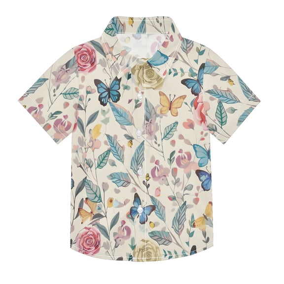 Dailycode Small Short Sleeve Button Down Shirts Rose Leaf Butterfly Casual Shirt 3-10 Years