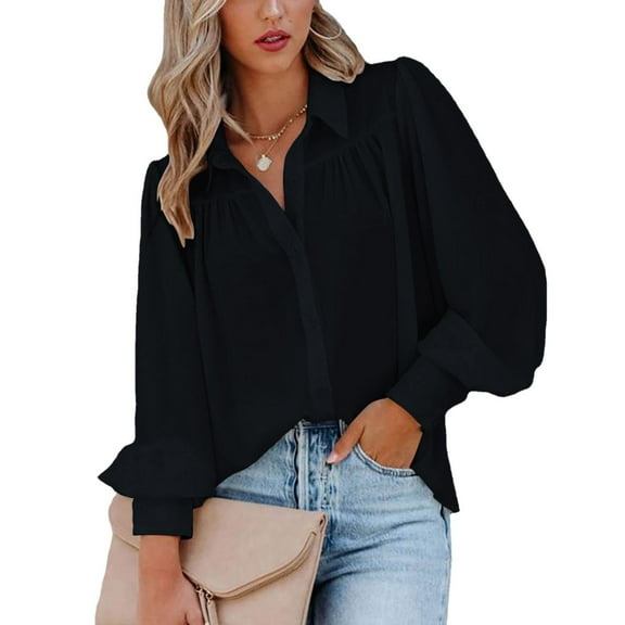 Baqcunre Women's Buckle Lantern Sleeve Pleated Solid Color Stand Collar Loose Shirt Womens Tops Womens Blouses Long Sleeve Shirts for Women Womens Shirts,Black,L