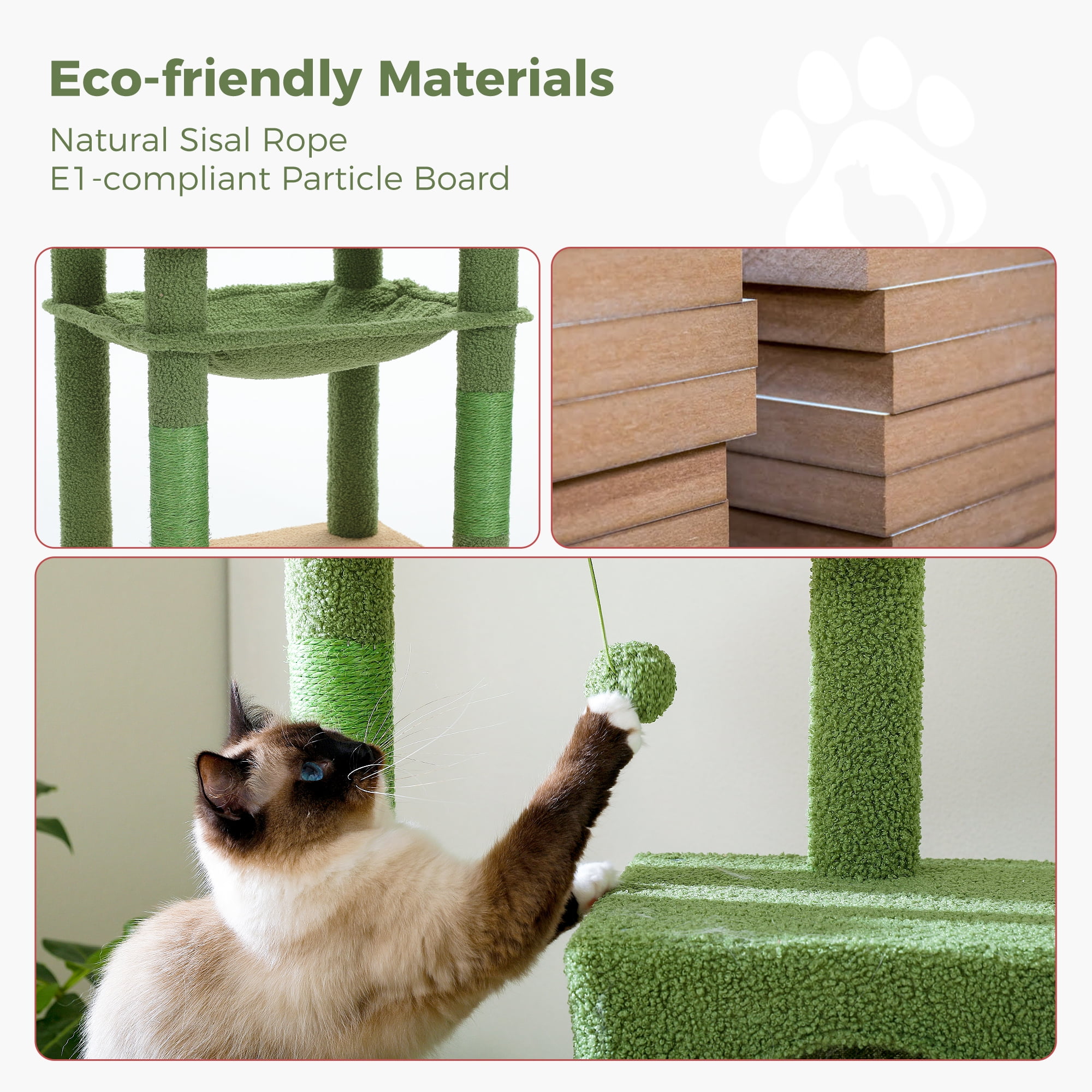 PAWZ Road Cat Tree 56" Sisal Scratching Posts Tower with Large Perch Hammock for All Indoor Cats,Green