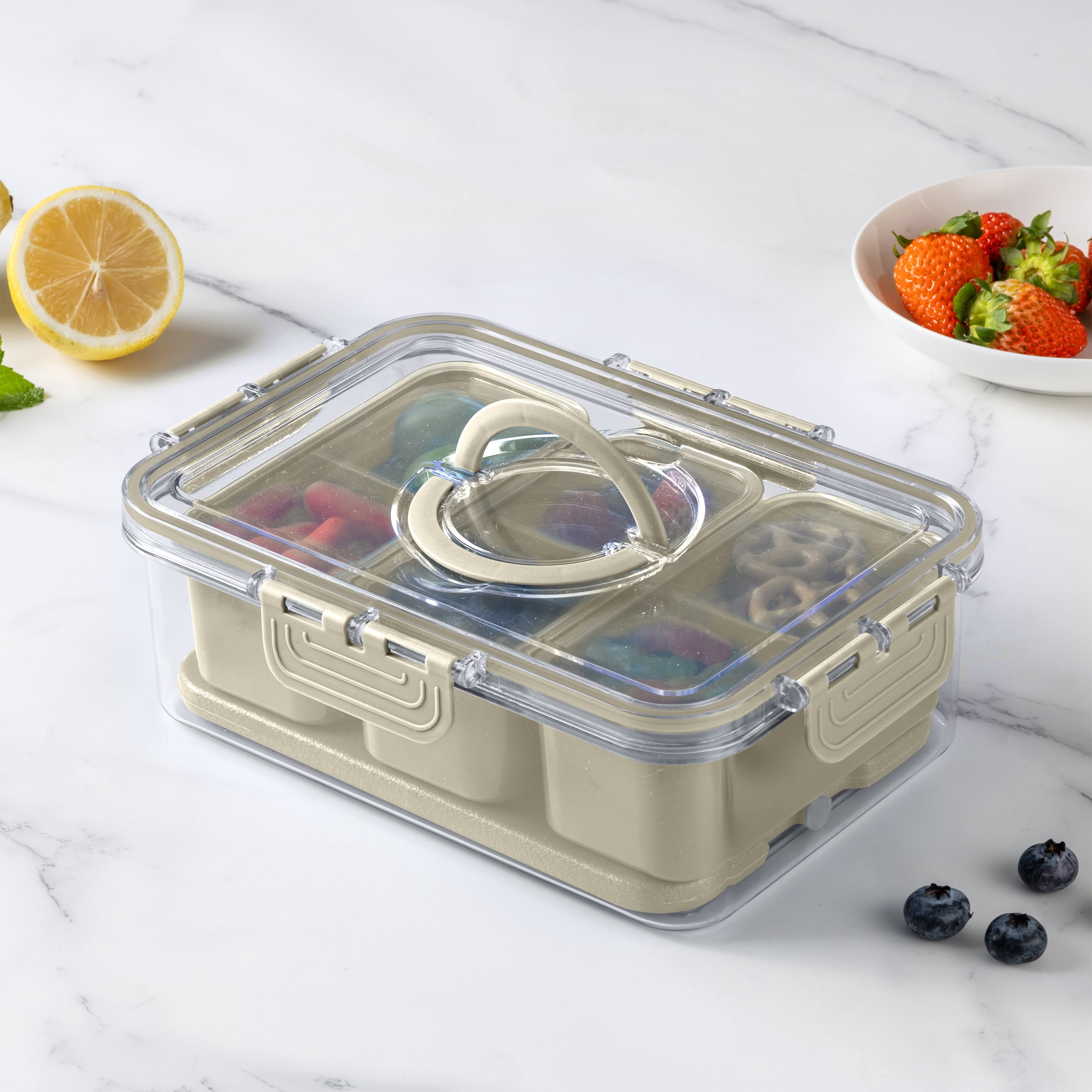 Cook with Color 3-Compartment Portable Snack Box Food Storage Container with Removable Ice Pack, Taupe