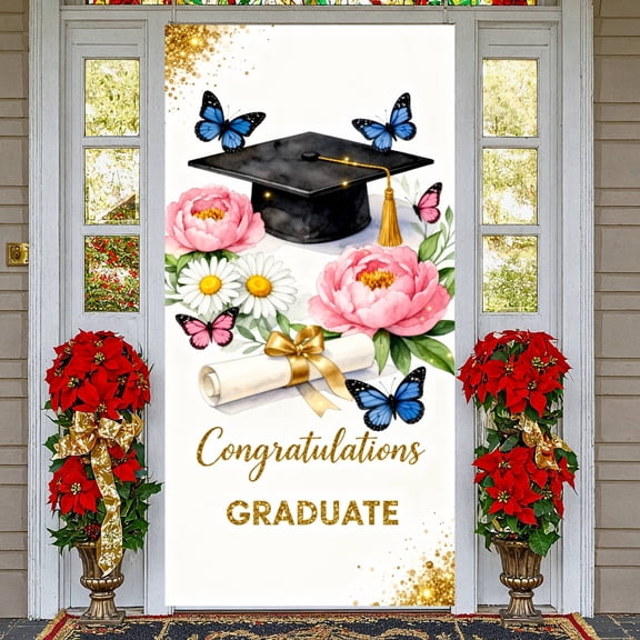 Floral Design Graduation Banner Butterfly Decor Graduation Backdrop Gold Glitter Detail Golden Tassel Graduation Background for Graduation Party High School Graduation College Graduation