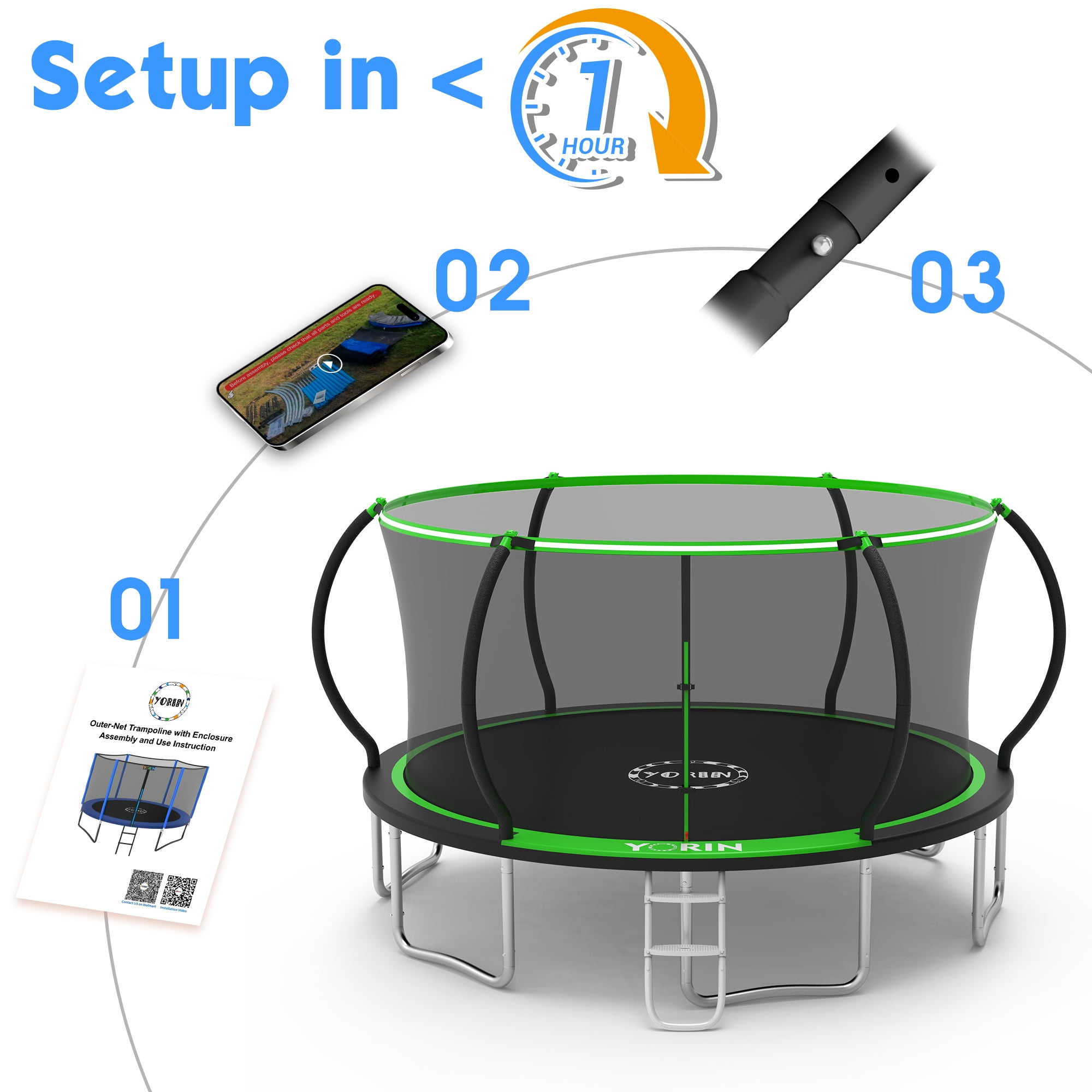 YORIN Trampoline for 8-9 Kids, 16 FT 14FT 10FT 12FT Trampoline for Adults with Enclosure Net, Ladder, Light, 1500LBS Weight Capacity Outdoor Round Recreational Trampoline, Heavy Duty Trampoline