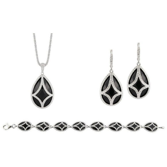 Onyx Pendant Necklace, Bracelet, & Earring Set in Sterling Silver