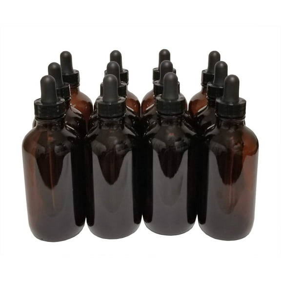 Bottle Flint Glass, Boston Round, Amber Color, 4 ounces, with dropper assembly.  Pack of 12.
