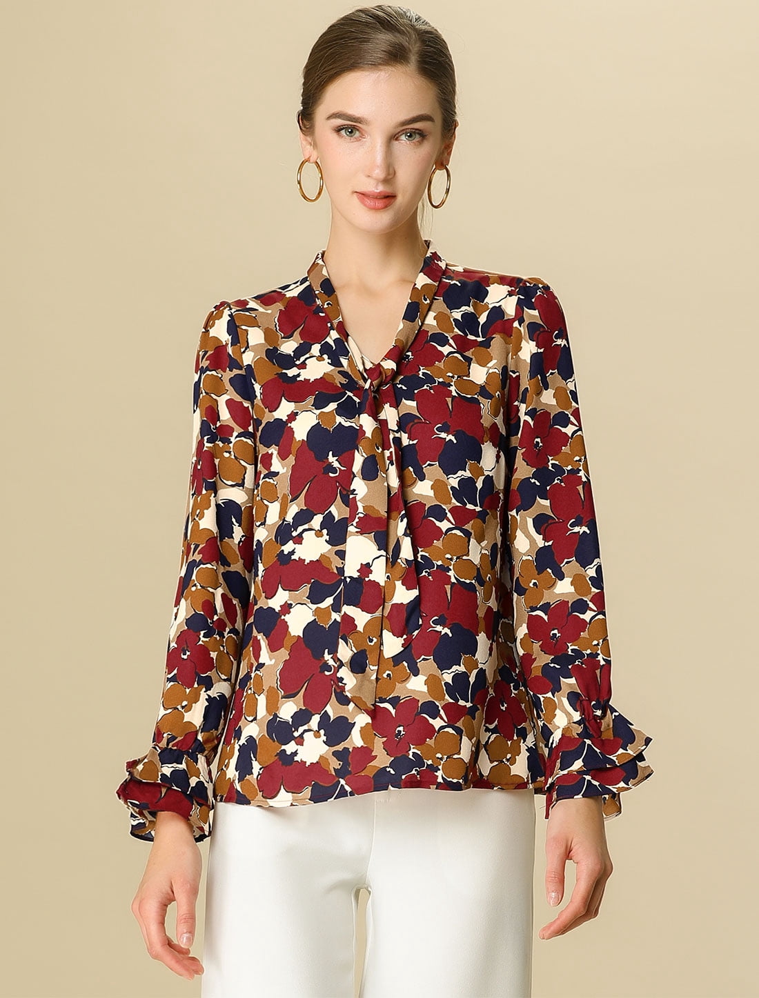 DARING DIVA Women's Tie V Neck Floral Shirt Trumpet Blouse S Red