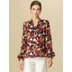 thumbnail image 2 of Blusa Allegra K con cuello En V y lazo floral para mujer camisa de manga larga con volantes y trompeta vintage rojo XL, 2 of 6