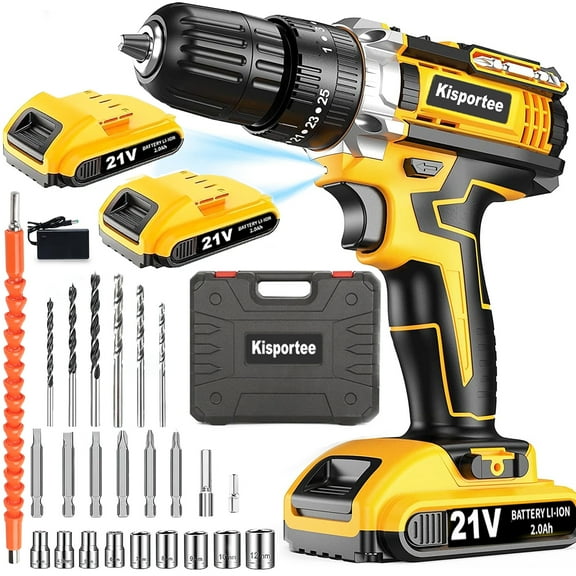 Kisportee 21V Electric Drill Set,  Power Drill Driver Kit with 2 Battery, 3/8"Keyless Chuck, 25 1 Position & 2-Speed & LED Light and 28pcs Drill Driver Bits