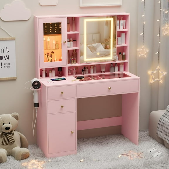 Makeup Vanity Desk with Mirror and Lights, Pink Vanity with Glass Top, Jewelry Storage, Power Outlets, 3 Drawers & 2 Cabinets, Adjustable LED Lighting, Dressing Table for Bedroom