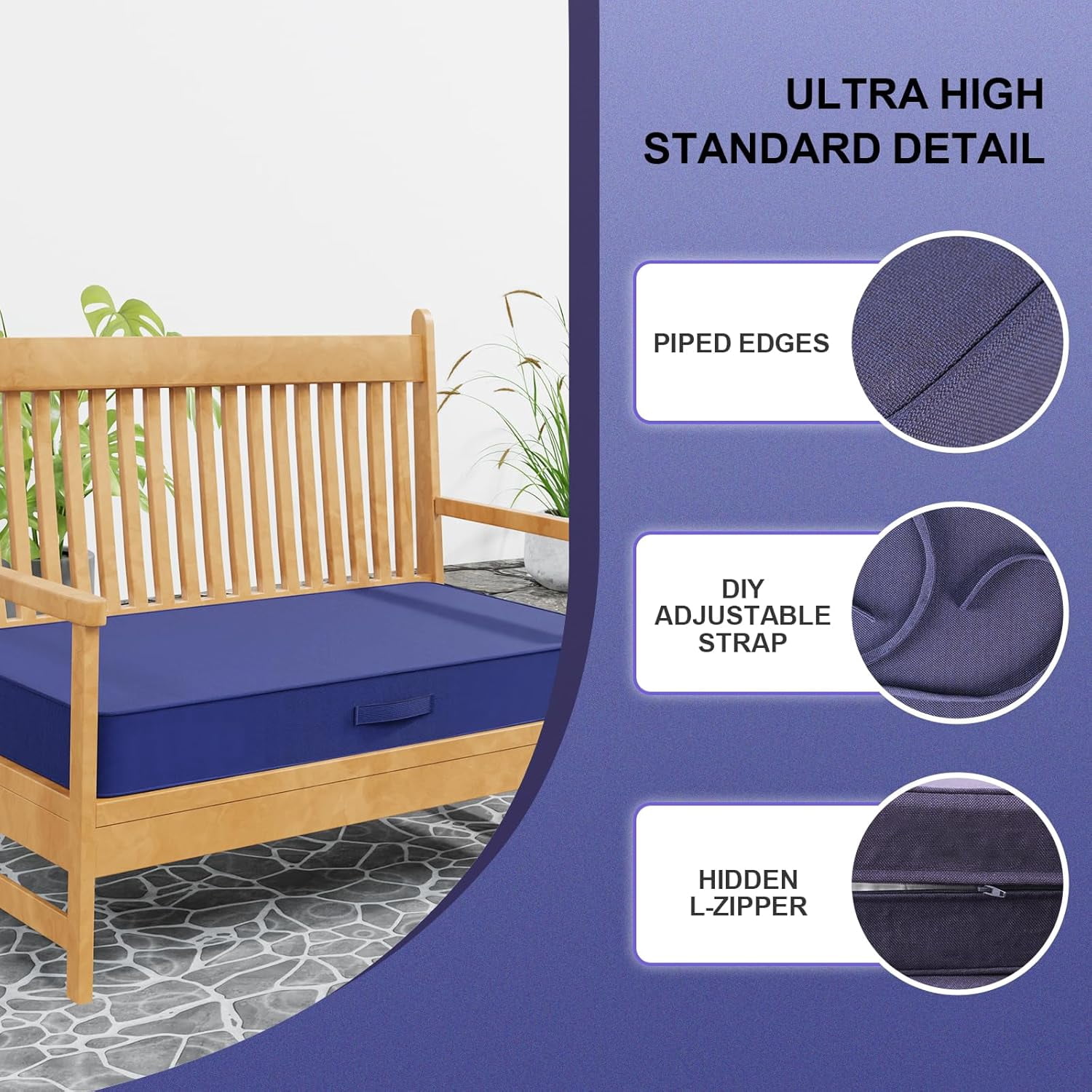 48" x 18" x5" Outdoor Olefin Water-Resistant Bench Cushion, Weather and Fade Resistant Patio Furniture Thickened Seat Pad with Handle and Adjustable Straps Ideal for Lawn