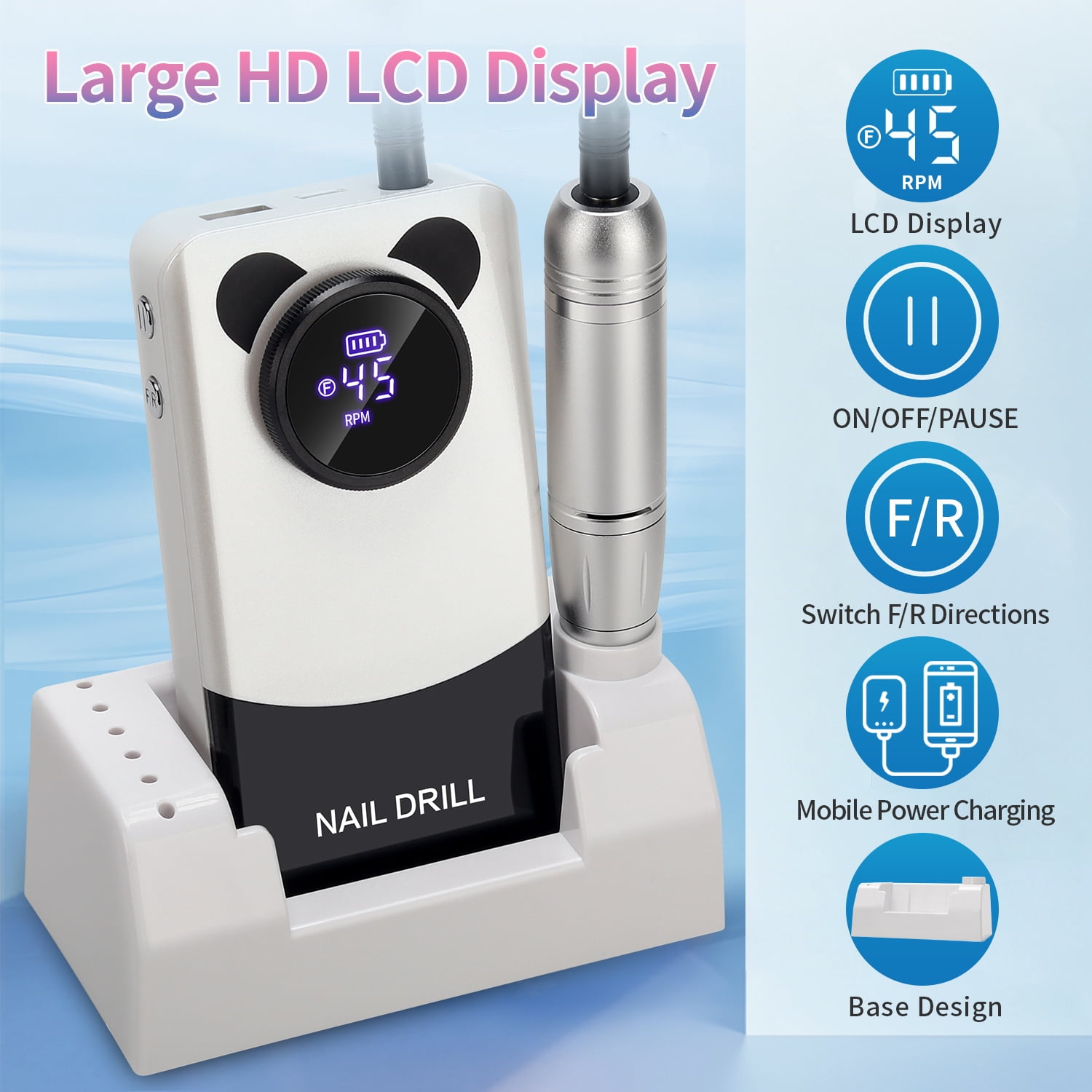 Professional 45000RPM Nail Drill Machine for Acrylic & Gel Nails, Rechargeable Electric Nail File with LCD Display, Low Noise, Portable E-File Tool