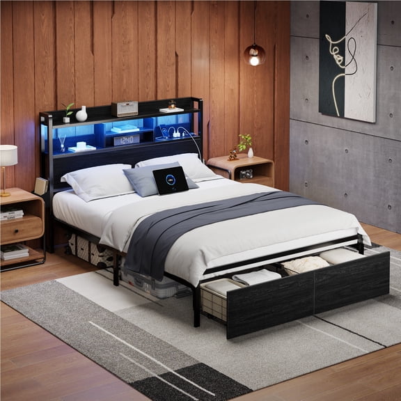 Satifur Queen LED Platform Bed Frame with Storage Headboard, USB Ports, RGB Lights and 2 Easy-Slide Under Bed Storage Drawers