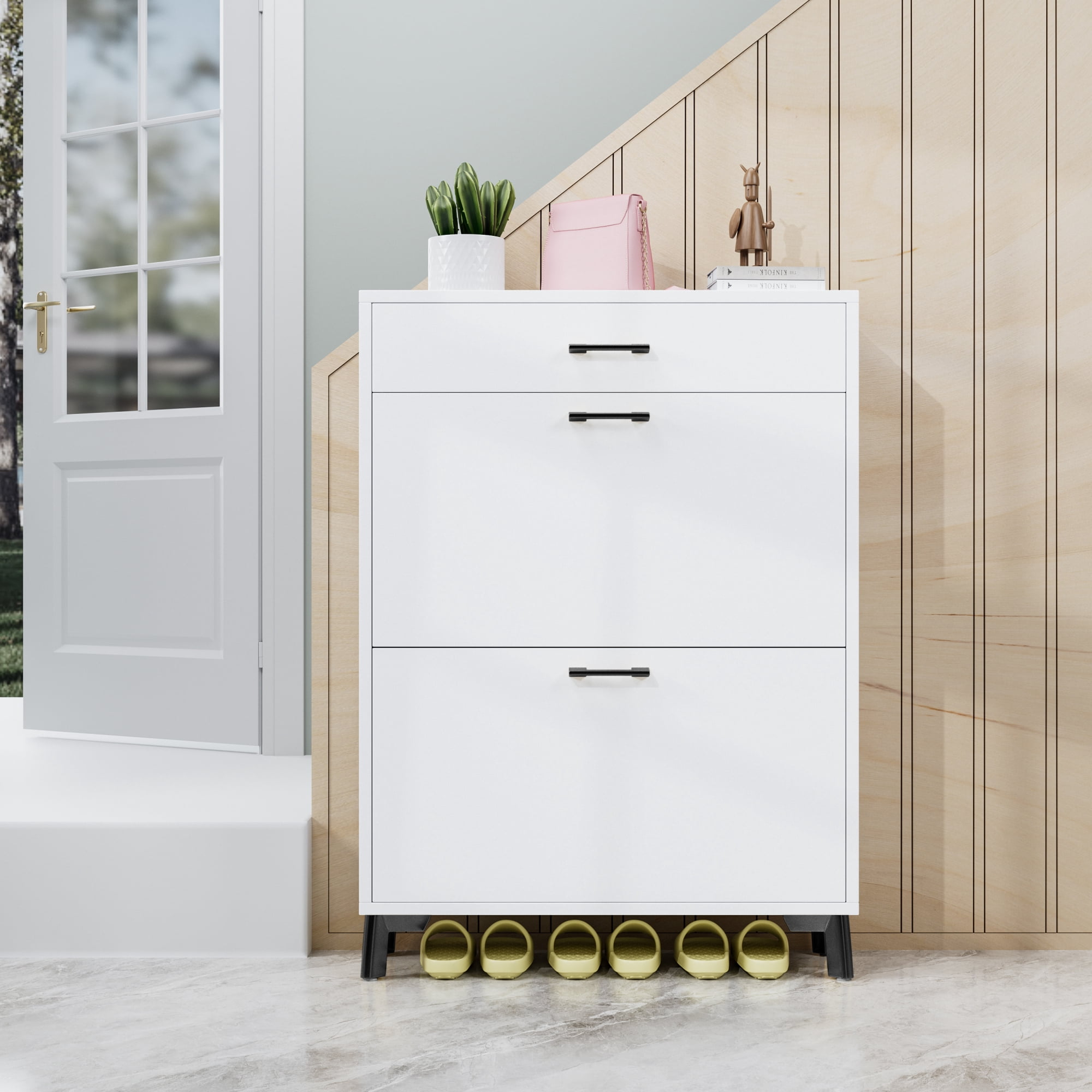 Leumius Shoe Storage Cabinet with 2 Flip Drawers, 32×10×43in, Gray