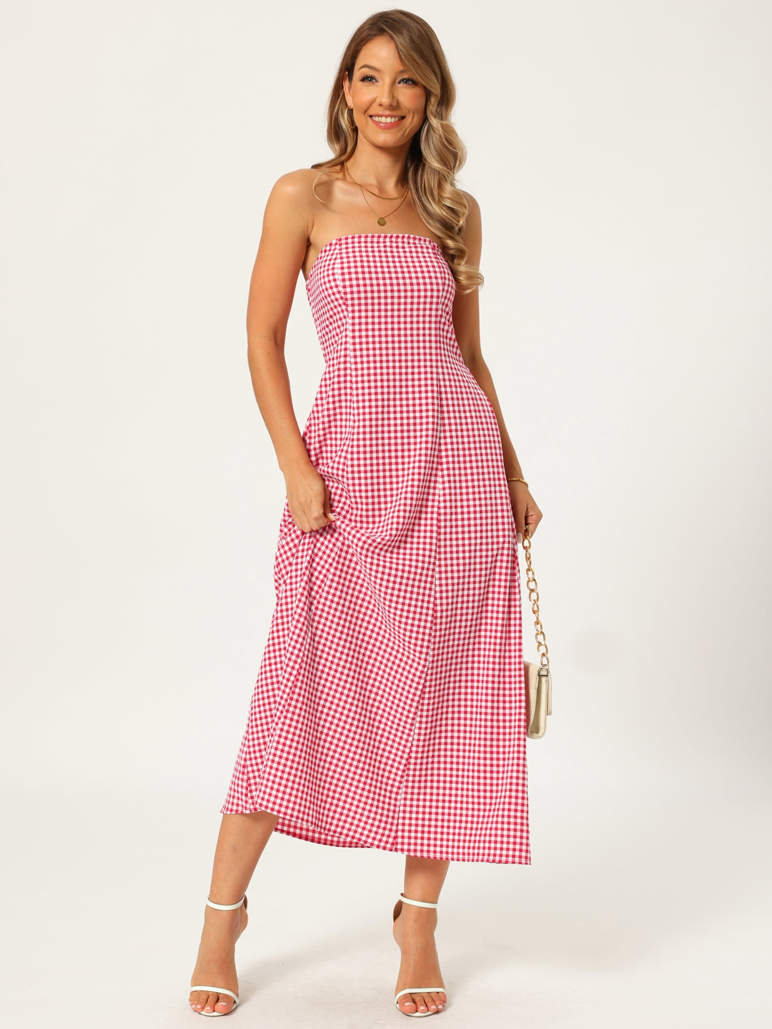 DARING DIVA Women's Gingham Strapless Maxi Summer Casual Sundress S Red