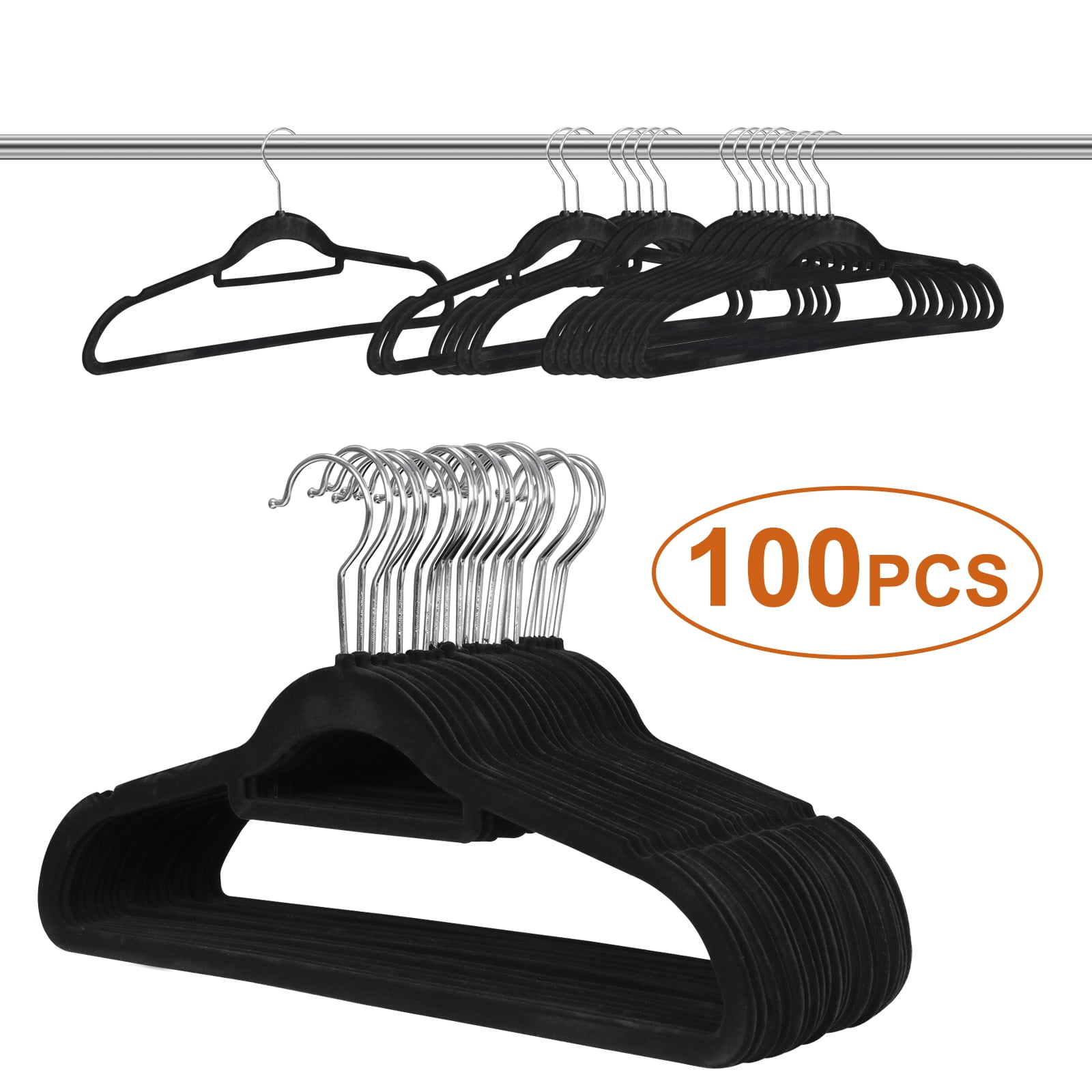 Zeny Velvet Flocked Hangers 100 Pack Non Slip Black Clothes Suit Hangers Hook Swivel 360 Ultra Thin(100pcs, Black, Velvet)