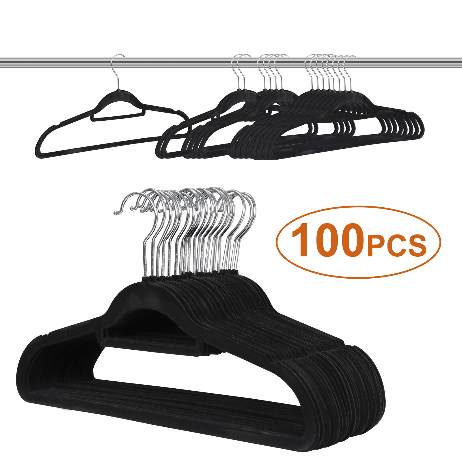 Zeny Velvet Flocked Hangers 100 Pack Non Slip Black Clothes Suit Hangers Hook Swivel 360 Ultra Thin - image 2 of 11