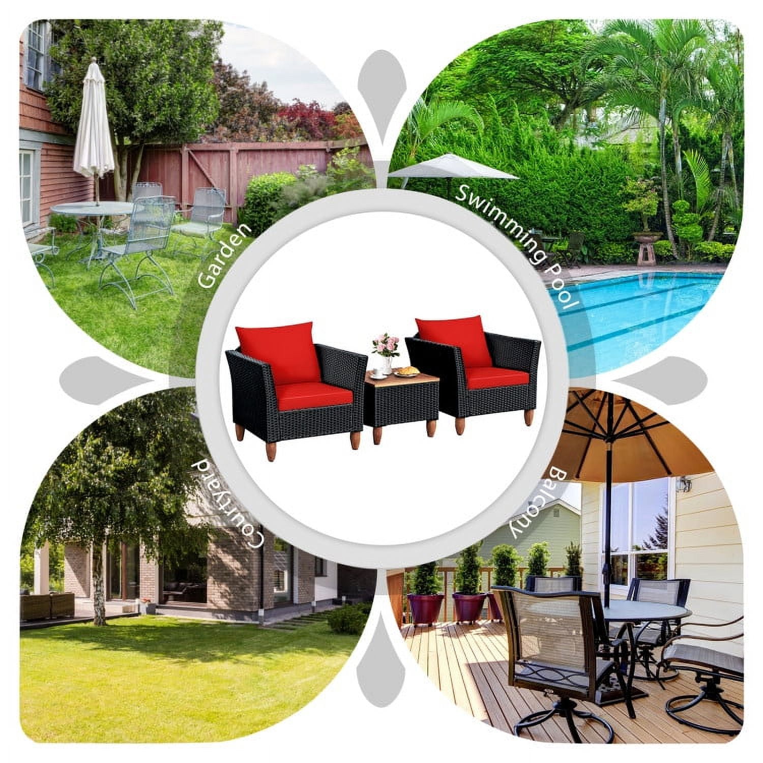 Aimee Lii 3 Pieces Outdoor Patio Rattan Furniture Set with Coffee Table, Modern Patio Furniture, Red