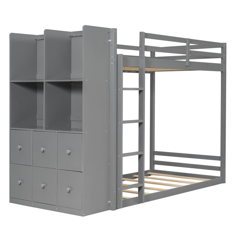 Twin Over Twin Bunk Bed with 6 Storage Drawers, 2-Tier Shelves & LED Light Strip, Reversible Wooden Bunk Bed Frame, Space-Saving Kids Bedroom Furniture