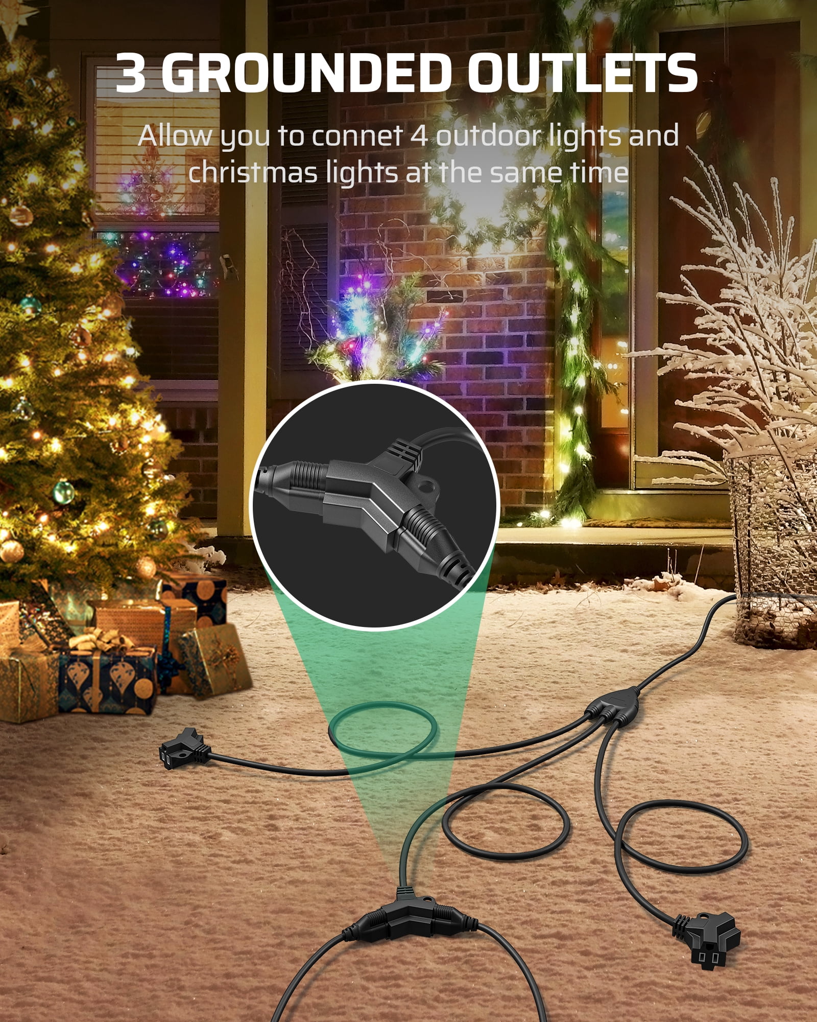 DEWENWILS 25FT (7+6+6+6) Outdoor Extension Cord for Outside with 6 Outlets, Extension Cord Outdoor for Halloween Christmas Landscape Lighting, 16 AWG SJTW