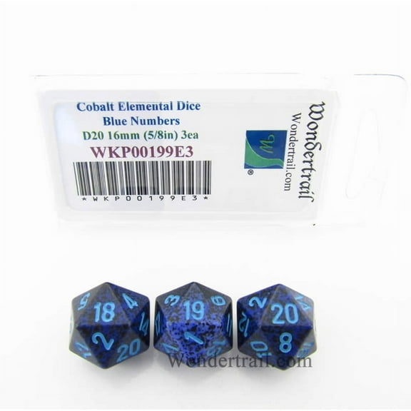 Cobalt Elemental Dice with Blue Numbers D20 Aprox 16mm (5/8in) Pack of 3 Wondertrail