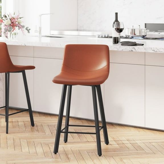 Merrick Lane Set of 2 Modern Cognac Faux Leather Upholstered Counter Stools with Contoured, Low Back Bucket Seats and Iron Frames