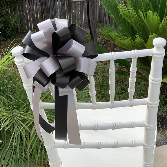 Black & Silver Pull Bows with Tails - 8" Wide, Set of 6, Wedding Pew Bows, Christmas, Reception, Anniversary, Aisle Decor, Decoration, Office, Classroom, Fundraiser, Wreath, Swag