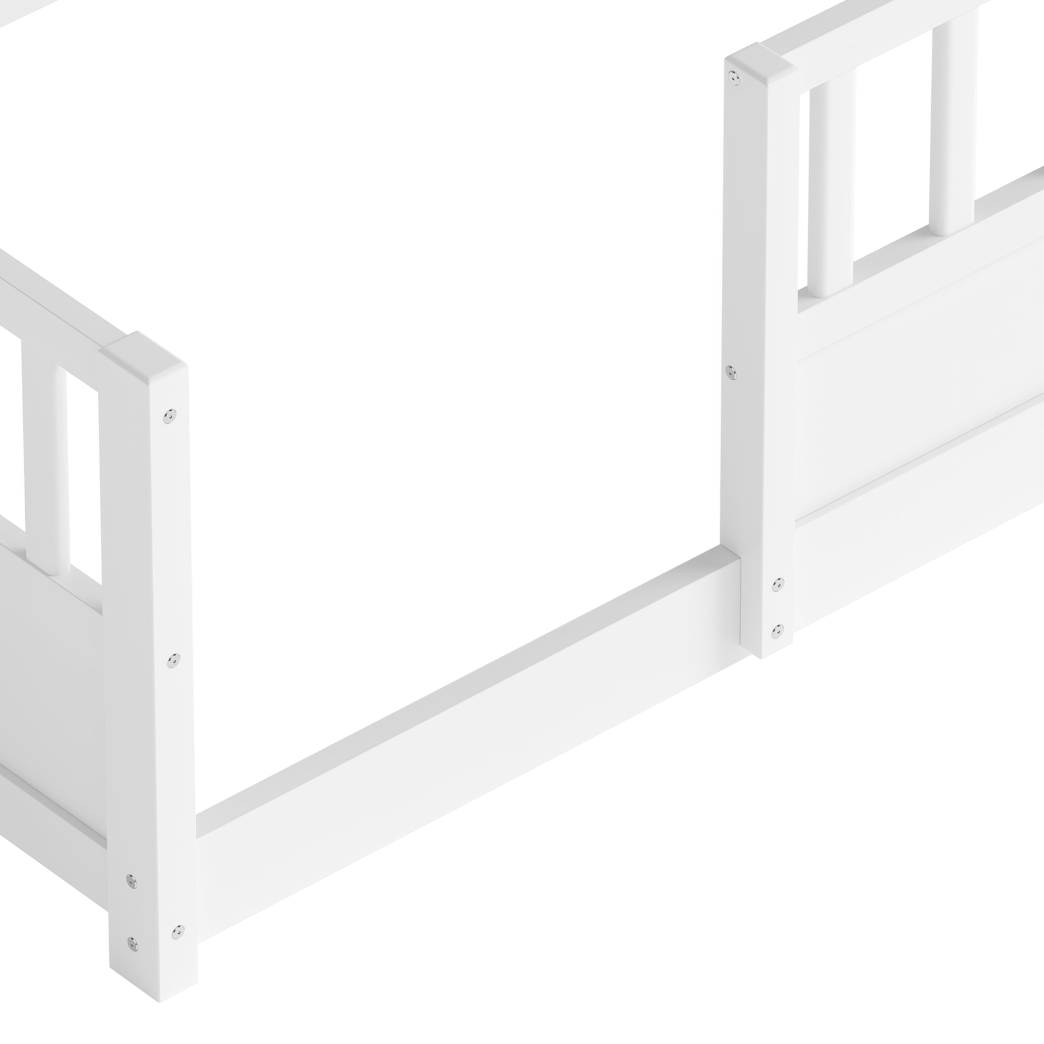 Miniyam Twin Size Wood Floor Bed with Guardrails, Storage & Bookshelf – Safe, Durable Design for Kids' Bedroom, White