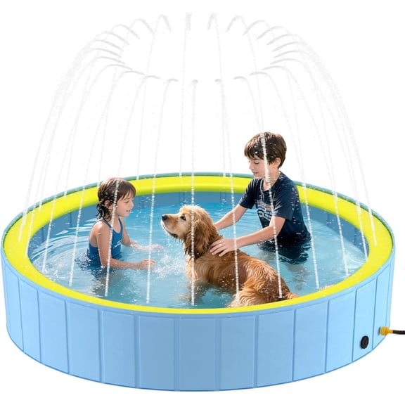 Foldable Dog Pool with Sprinkler for Large Dogs, Portable Hard Plastic PVC Pet Bathing Tub, Outdoor Collapsible Swimming Pool for Pets, 79''x 12''