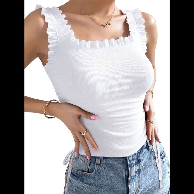 Blusas Bonitas para Mujer, Camisetas Sin Mangas con Volantes Acanalados, Cuello Cuadrado, Blusas Preppy de Moda para Salir. S