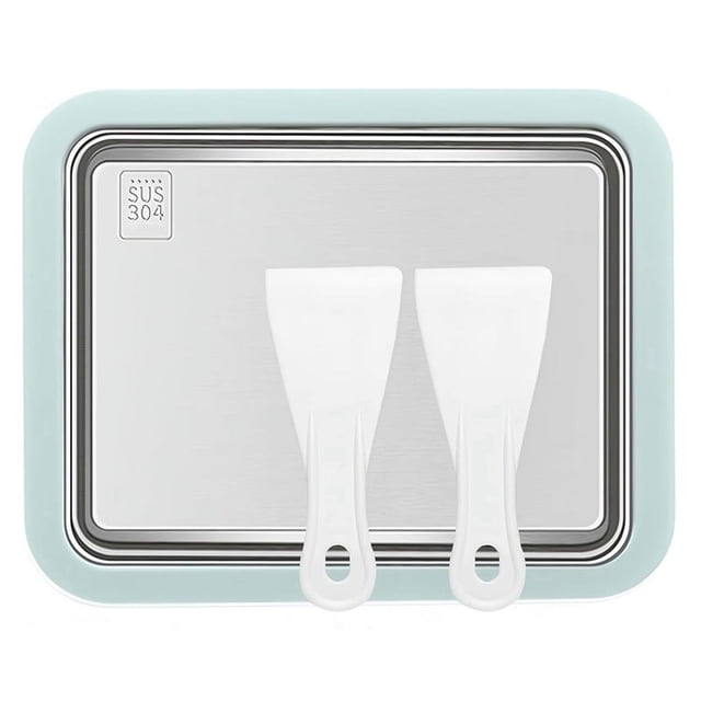 Instant Ice Cream Maker in mint green with a food-grade stainless steel surface, accompanied by two white spatulas. This rolled ice cream maker is designed for making homemade ice cream, freeze yogurt rolls, and smoothies. Compact and easy to use, it requires freezing for 12 hours before use and includes a 26x21cm tray. Ideal for family events and gatherings.