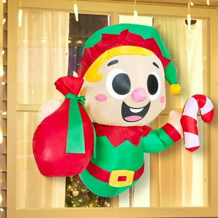 3.5 Ft Tall Christmas Inflatable Santa Elf Broke Out From Window With Built-In Leds,Blow Up Elf Holding Gift Bags And Candy Cane For Window Decor, Xmas Outdoor Yard Garden Lawn Holiday Décor