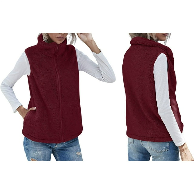 Chaleco de Felpa Cálido Sin Mangas con Cuello Alto para Mujer, con Cremallera, para Otoño e Invierno, con Bolsillos Rojo M